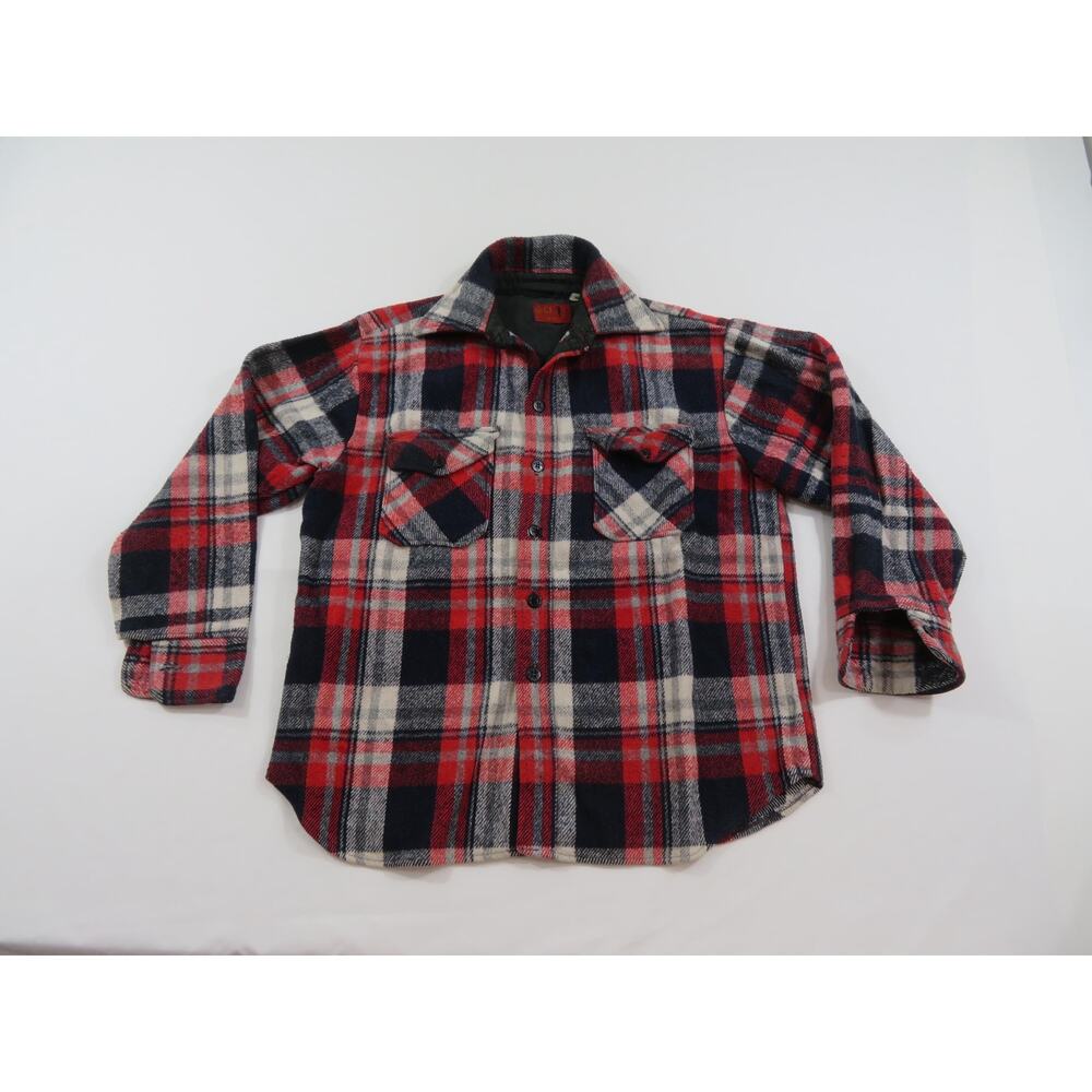 Kings Road Flannel Shirt Jacket, CPO Anchor Buttons, Red Blue Plaid Sz M? 1970s